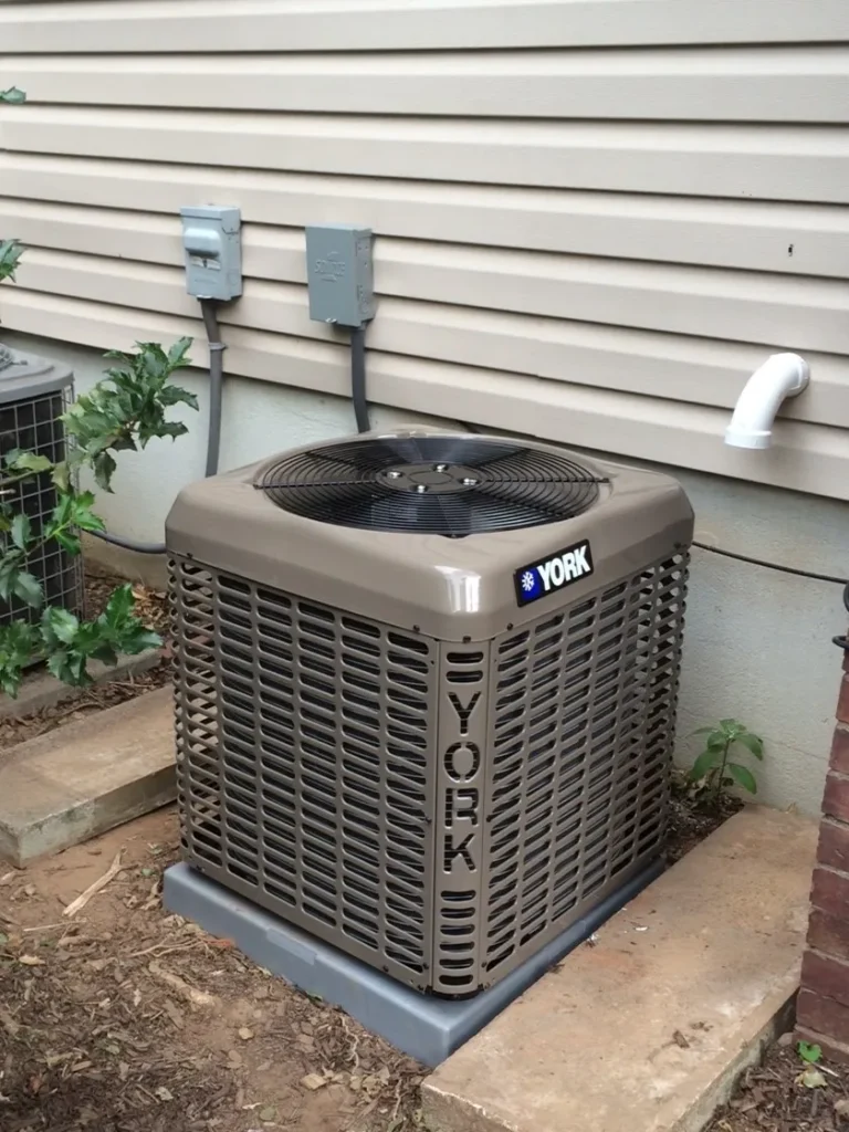 York outdoor air conditioning condenser unit beside the house on a concrete pad, with electrical disconnects nearby and a vent pipe behind it.